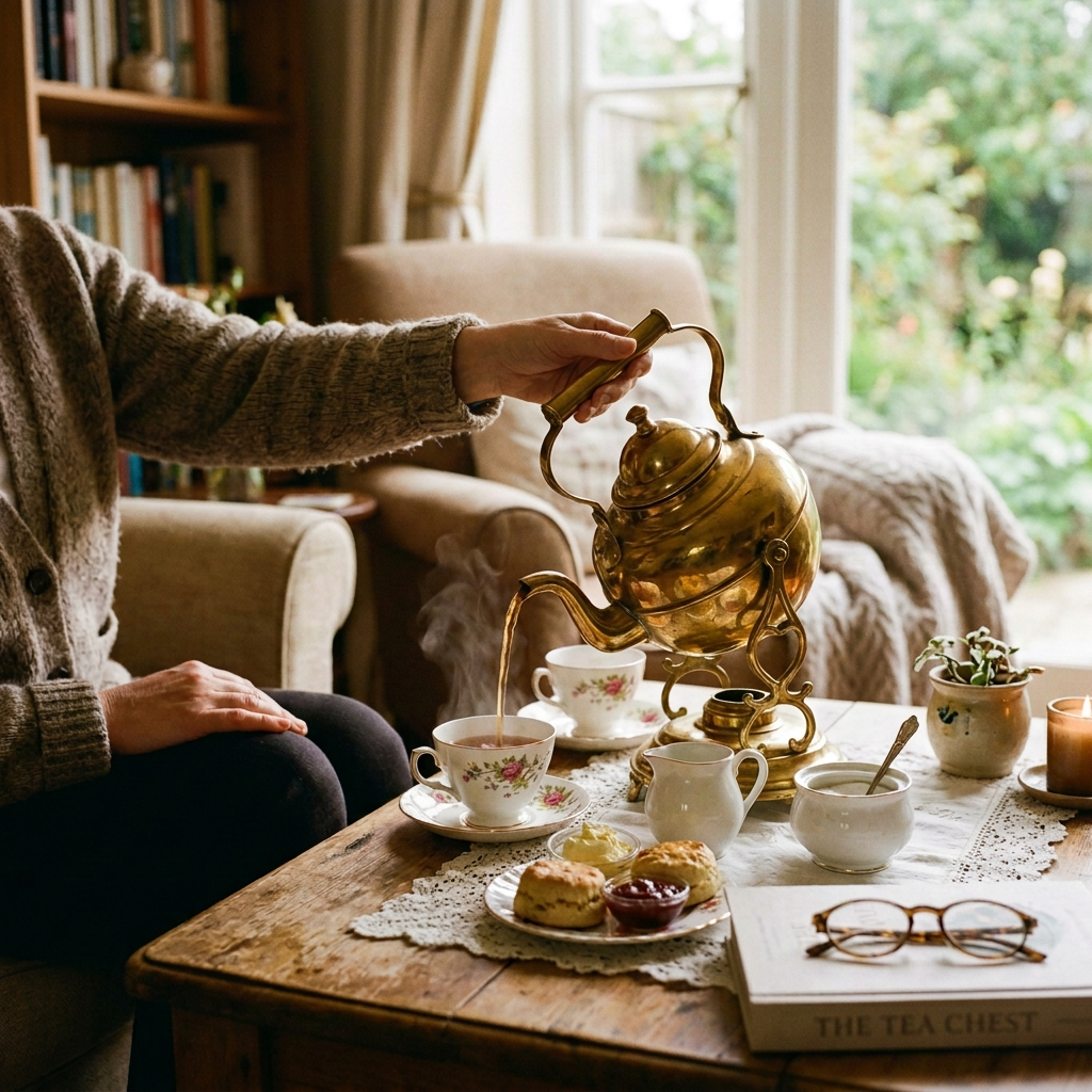 Person pouring tea from a brass kettle into a floral teacup on a wooden table with scones and condiments